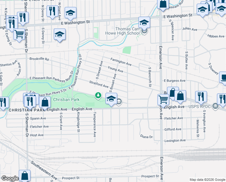 map of restaurants, bars, coffee shops, grocery stores, and more near 4713 Stratford Avenue in Indianapolis