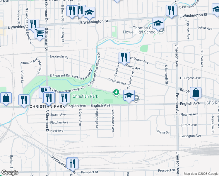 map of restaurants, bars, coffee shops, grocery stores, and more near 4608 Wentworth Boulevard in Indianapolis