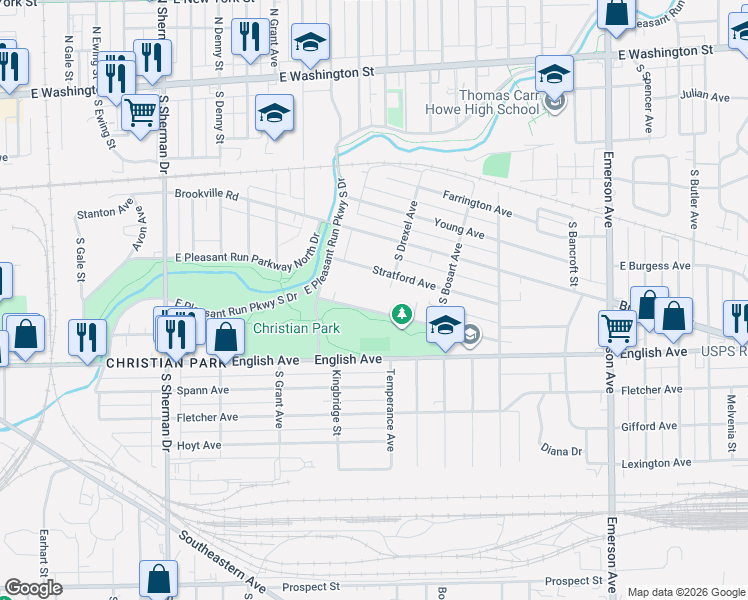 map of restaurants, bars, coffee shops, grocery stores, and more near 4608 Wentworth Boulevard in Indianapolis