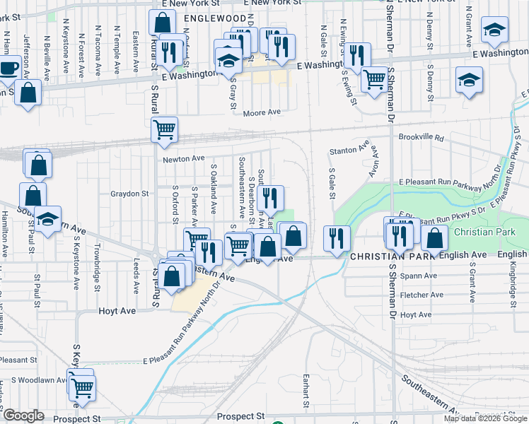 map of restaurants, bars, coffee shops, grocery stores, and more near 349 South Dearborn Street in Indianapolis