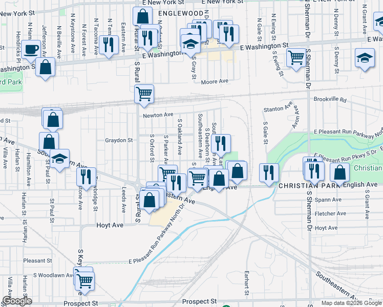 map of restaurants, bars, coffee shops, grocery stores, and more near 336 South Gray Street in Indianapolis