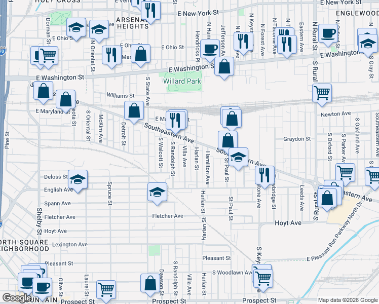 map of restaurants, bars, coffee shops, grocery stores, and more near 311 Villa Avenue in Indianapolis