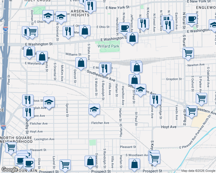 map of restaurants, bars, coffee shops, grocery stores, and more near 305 South Randolph Street in Indianapolis