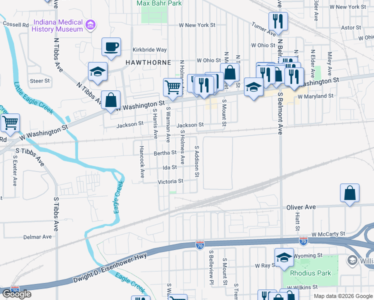map of restaurants, bars, coffee shops, grocery stores, and more near 301 South Holmes Avenue in Indianapolis