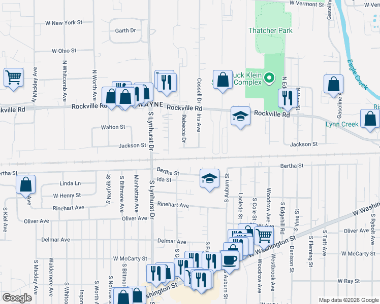 map of restaurants, bars, coffee shops, grocery stores, and more near 5007 Jackson Street in Indianapolis