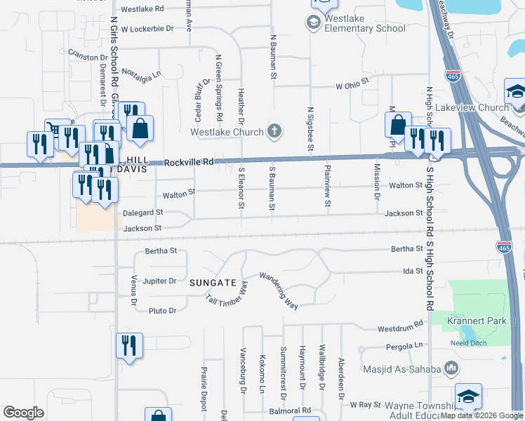 map of restaurants, bars, coffee shops, grocery stores, and more near 6704 Jackson Street in Indianapolis