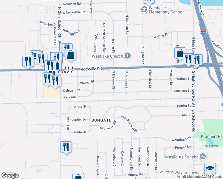 map of restaurants, bars, coffee shops, grocery stores, and more near 150 South Eleanor Street in Indianapolis