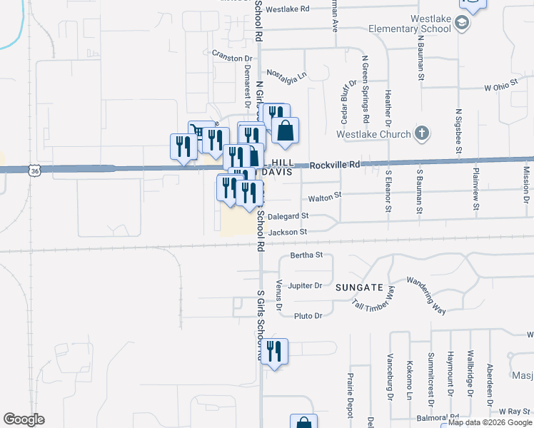 map of restaurants, bars, coffee shops, grocery stores, and more near 7258 Dalegard Street in Indianapolis