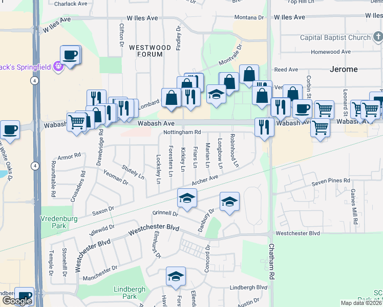 map of restaurants, bars, coffee shops, grocery stores, and more near 36 Kirkley Lane in Springfield