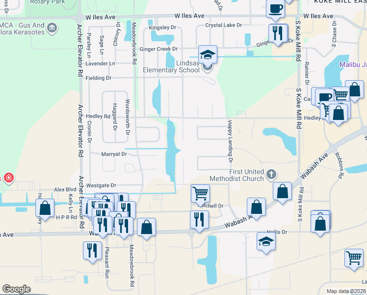 map of restaurants, bars, coffee shops, grocery stores, and more near 2832 Kipling Drive in Springfield