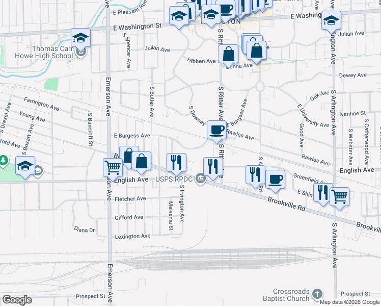 map of restaurants, bars, coffee shops, grocery stores, and more near 5417 East Burgess Avenue in Indianapolis