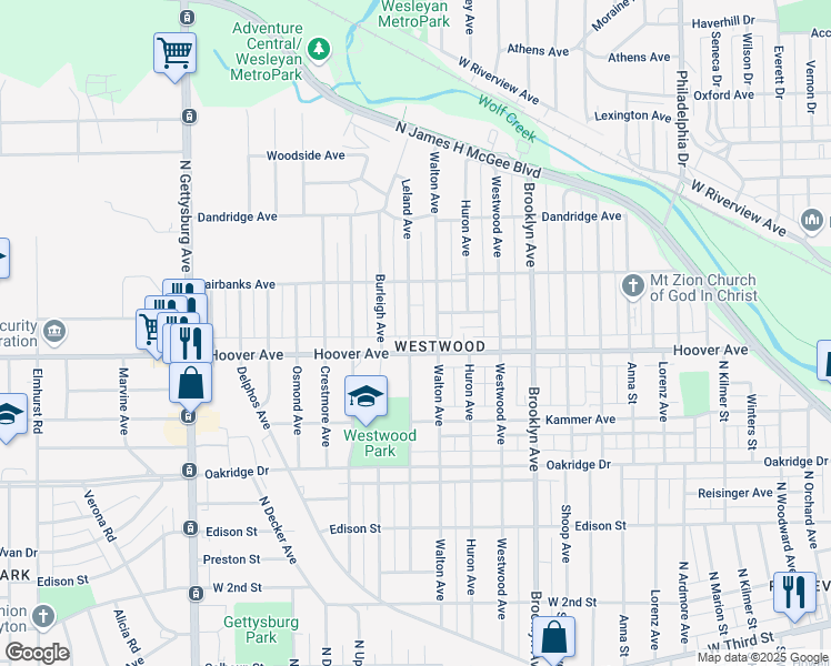 map of restaurants, bars, coffee shops, grocery stores, and more near 716 Leland Avenue in Dayton