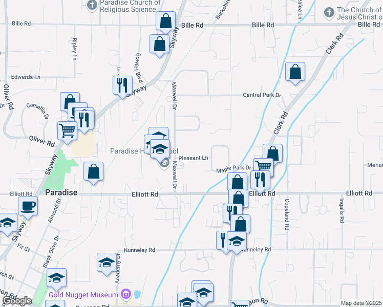 map of restaurants, bars, coffee shops, grocery stores, and more near 1017 Pleasant Lane in Paradise