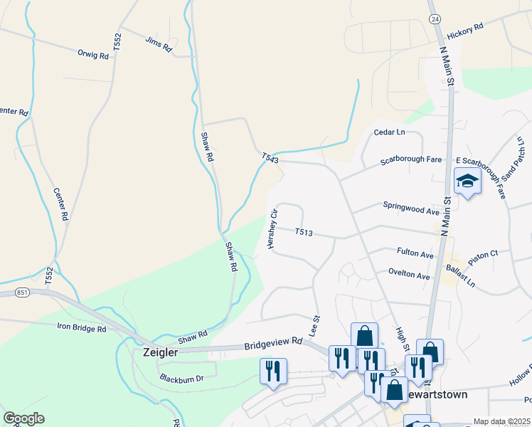 map of restaurants, bars, coffee shops, grocery stores, and more near 125 Hershey Circle in Stewartstown