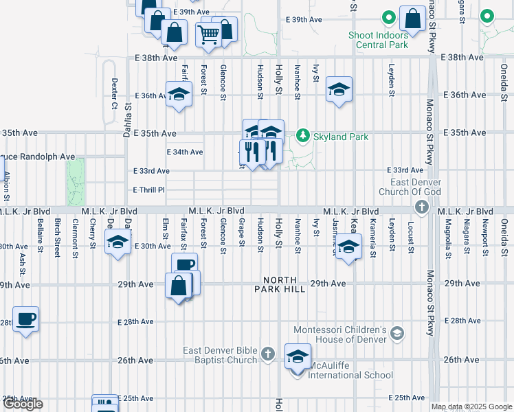 map of restaurants, bars, coffee shops, grocery stores, and more near 5511 Martin Luther King Junior Boulevard in Denver