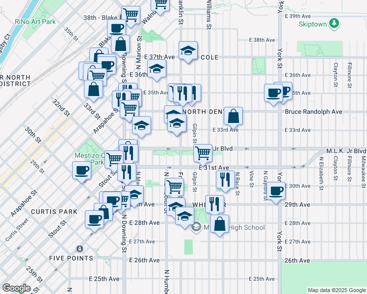 map of restaurants, bars, coffee shops, grocery stores, and more near 1603 Martin Luther King Junior Boulevard in Denver