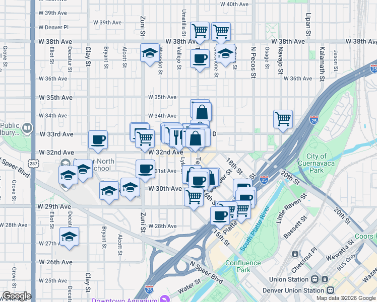 map of restaurants, bars, coffee shops, grocery stores, and more near in Denver