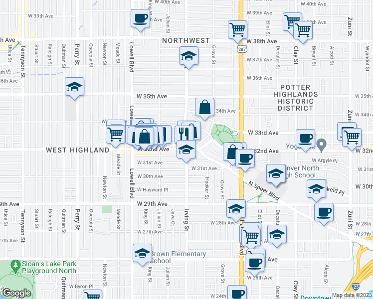 map of restaurants, bars, coffee shops, grocery stores, and more near West 32nd Avenue & Irving Street in Denver