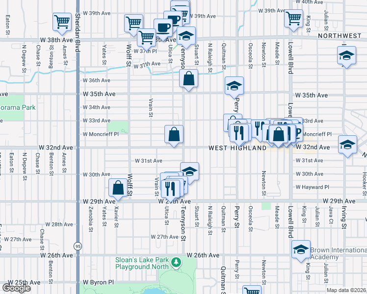 map of restaurants, bars, coffee shops, grocery stores, and more near W 32nd Ave & Tennyson St in Denver