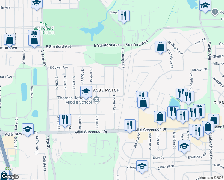 map of restaurants, bars, coffee shops, grocery stores, and more near 2913 Hoover Avenue in Springfield