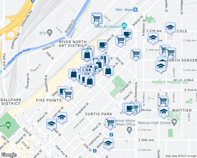 map of restaurants, bars, coffee shops, grocery stores, and more near 3019 Lawrence Street in Denver