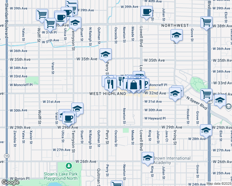 map of restaurants, bars, coffee shops, grocery stores, and more near West 32nd Avenue & Osceola Street in Denver