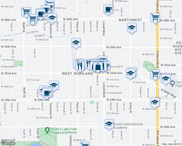 map of restaurants, bars, coffee shops, grocery stores, and more near W 32nd Ave & Newton St in Denver