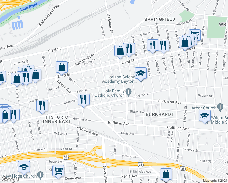 map of restaurants, bars, coffee shops, grocery stores, and more near 129 1/2 South Horton Street in Dayton