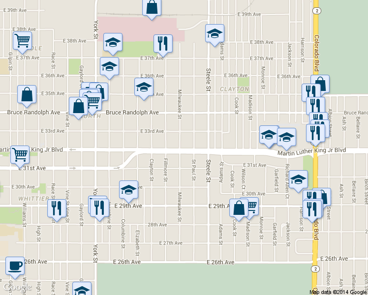 map of restaurants, bars, coffee shops, grocery stores, and more near 3200 Milwaukee Street in Denver