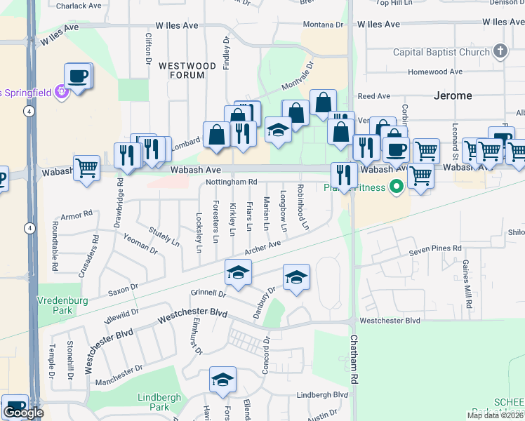 map of restaurants, bars, coffee shops, grocery stores, and more near 29 Marian Lane in Springfield