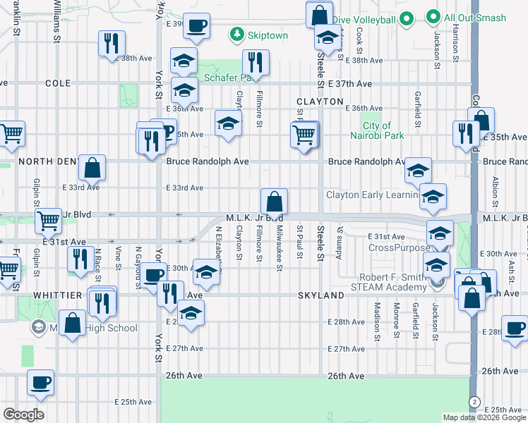map of restaurants, bars, coffee shops, grocery stores, and more near 3200 Fillmore Street in Denver