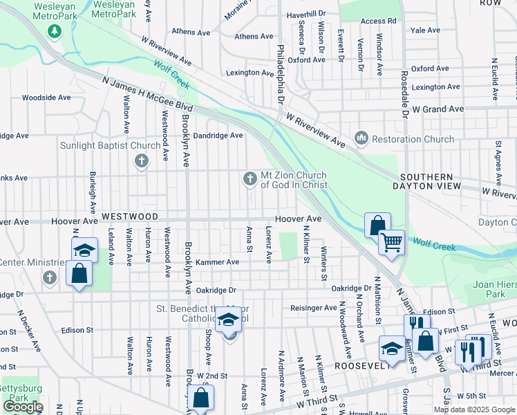 map of restaurants, bars, coffee shops, grocery stores, and more near 515 Evergreen Ave in Dayton
