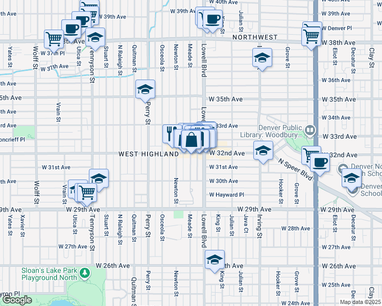 map of restaurants, bars, coffee shops, grocery stores, and more near West 32nd Avenue & Meade Street in Denver
