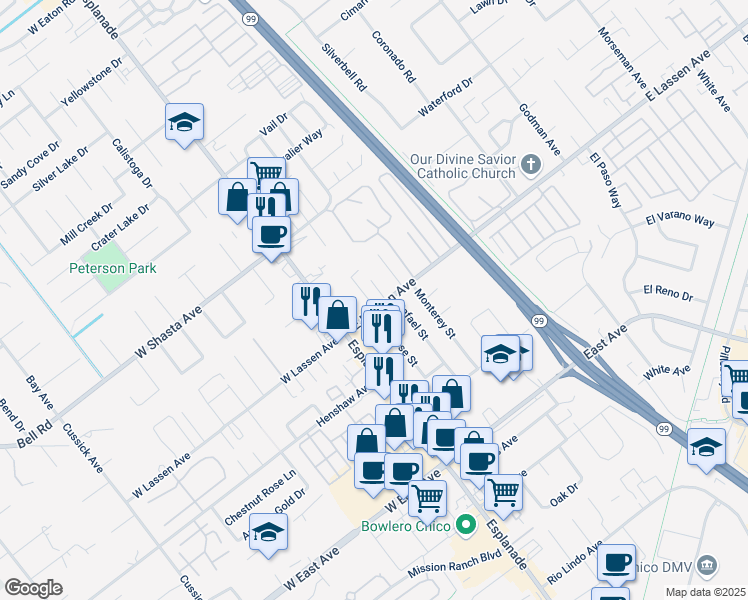 map of restaurants, bars, coffee shops, grocery stores, and more near 6 Santos Way in Chico