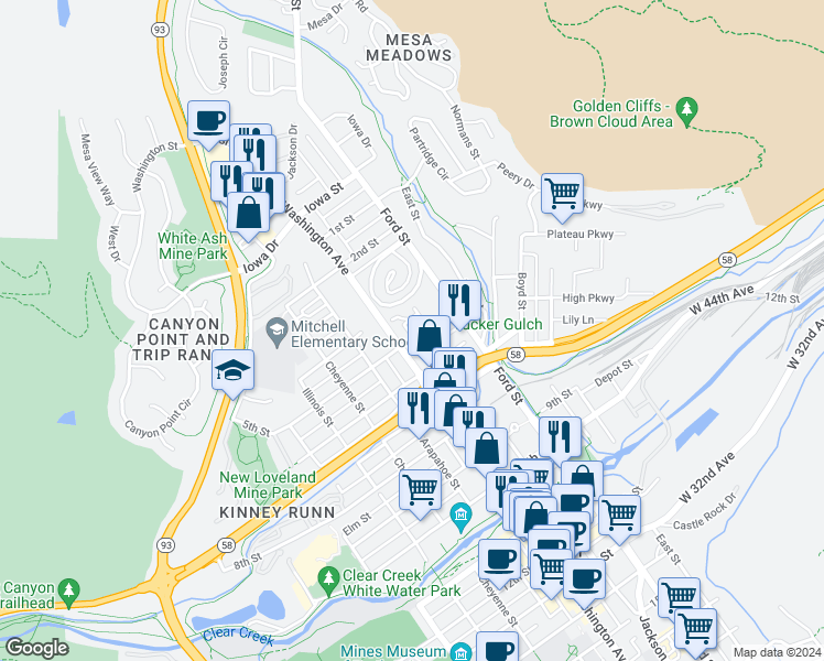 map of restaurants, bars, coffee shops, grocery stores, and more near 708 5th Street in Golden