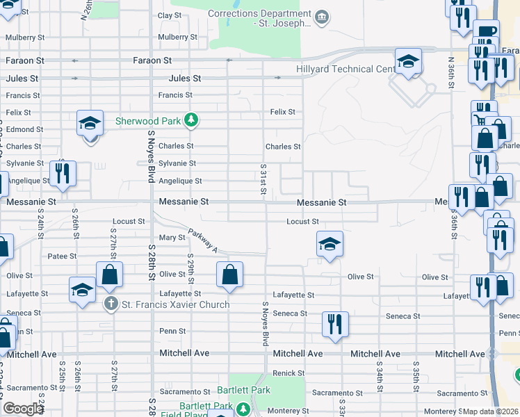 map of restaurants, bars, coffee shops, grocery stores, and more near 3022 Messanie Street in Saint Joseph