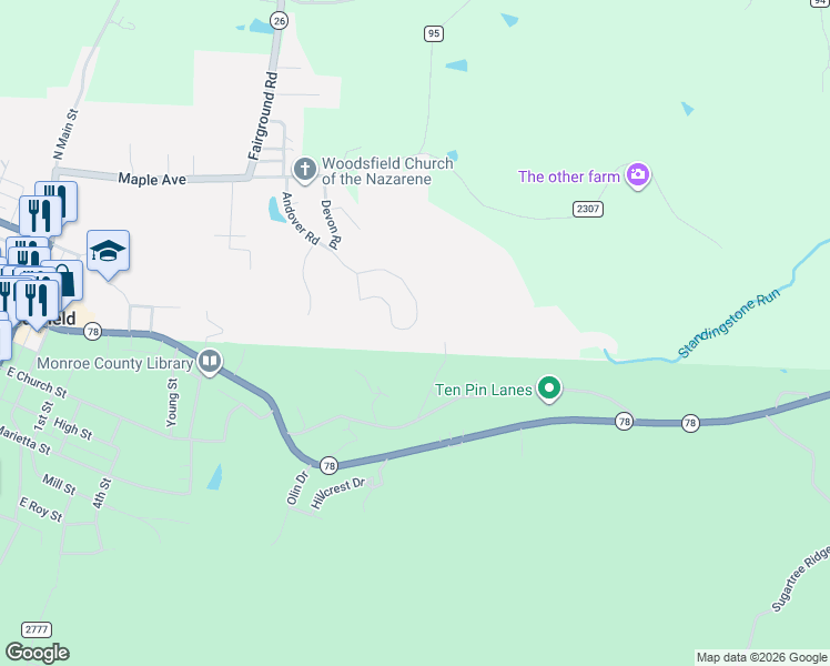 map of restaurants, bars, coffee shops, grocery stores, and more near 168 Andover Road in Woodsfield