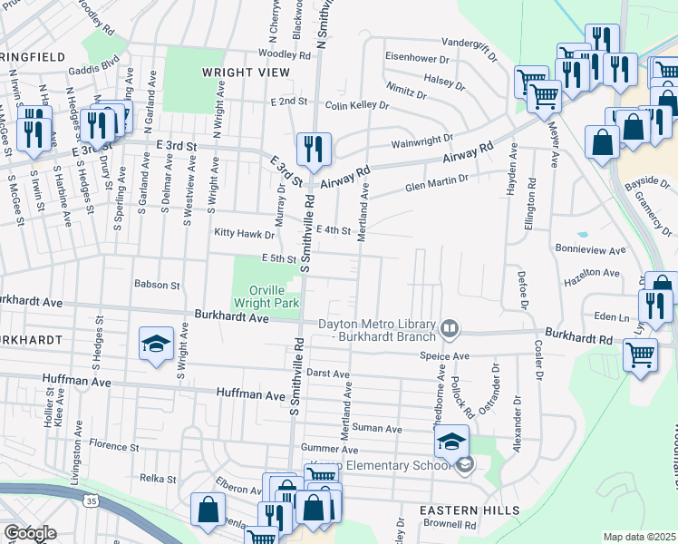 map of restaurants, bars, coffee shops, grocery stores, and more near 4339 Crestwood Ave in Dayton