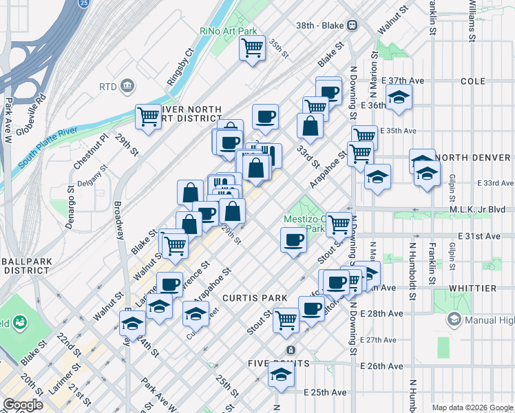 map of restaurants, bars, coffee shops, grocery stores, and more near 3025 Lawrence Street in Denver