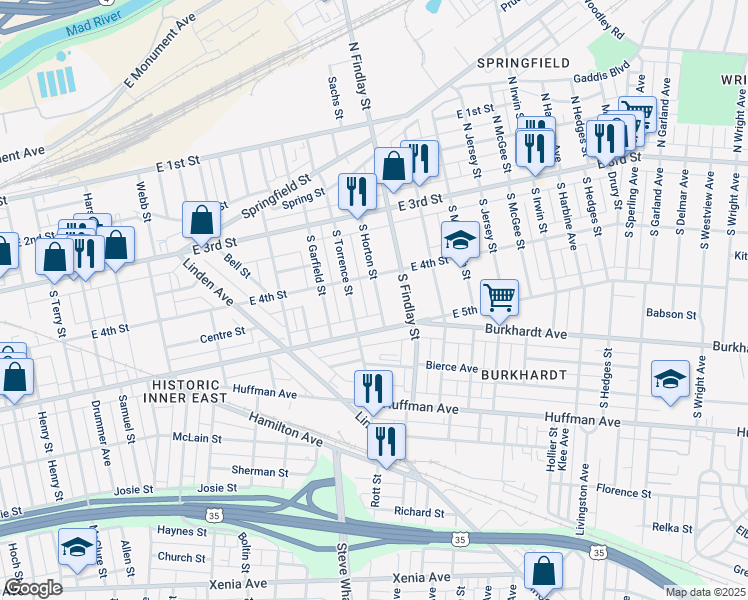 map of restaurants, bars, coffee shops, grocery stores, and more near 135 South Horton Street in Dayton