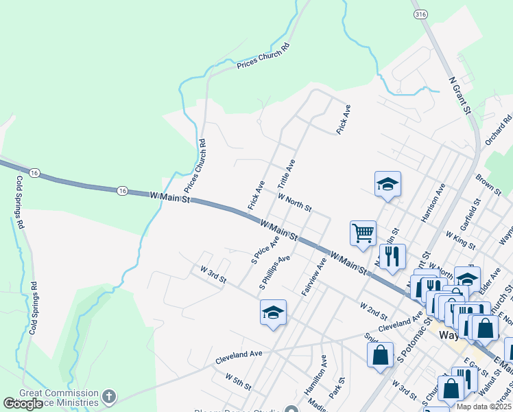 map of restaurants, bars, coffee shops, grocery stores, and more near 5 Frick Avenue in Waynesboro