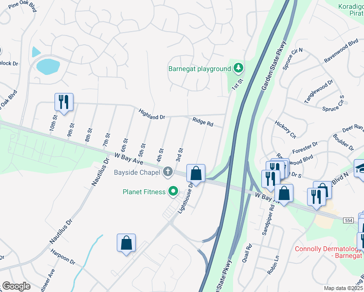 map of restaurants, bars, coffee shops, grocery stores, and more near 3rd Street in Harvey Cedars