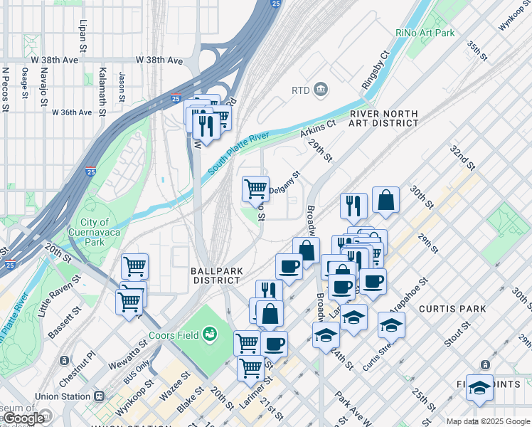map of restaurants, bars, coffee shops, grocery stores, and more near 2525 Wewatta Way in Denver