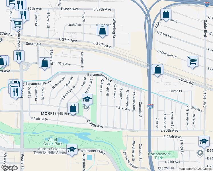 map of restaurants, bars, coffee shops, grocery stores, and more near 3190 Uvalda Street in Aurora