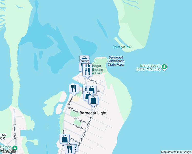 map of restaurants, bars, coffee shops, grocery stores, and more near 16 West 3rd Street in Barnegat Light