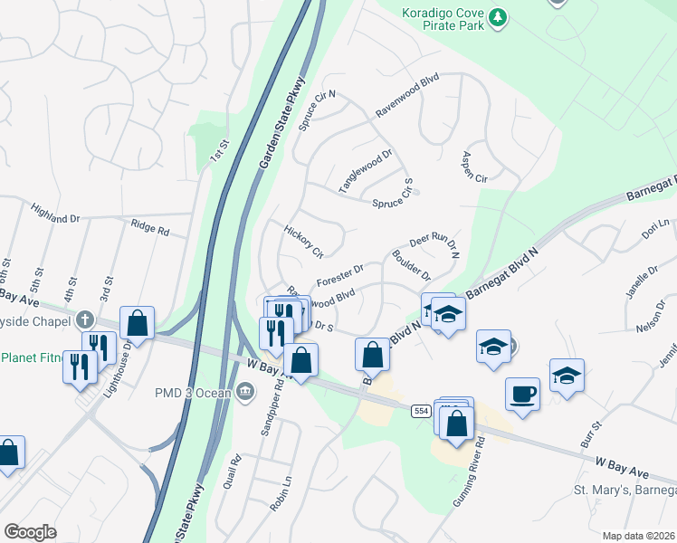 map of restaurants, bars, coffee shops, grocery stores, and more near 18 Forester Drive in Barnegat Township