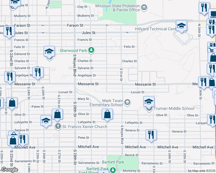 map of restaurants, bars, coffee shops, grocery stores, and more near 3006 Messanie Street in Saint Joseph