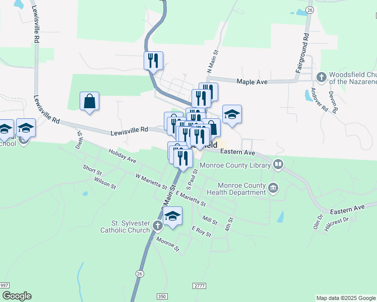 map of restaurants, bars, coffee shops, grocery stores, and more near 117 South Main Street in Woodsfield
