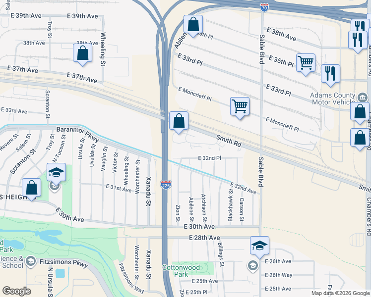 map of restaurants, bars, coffee shops, grocery stores, and more near 13780 East Smith Drive in Aurora