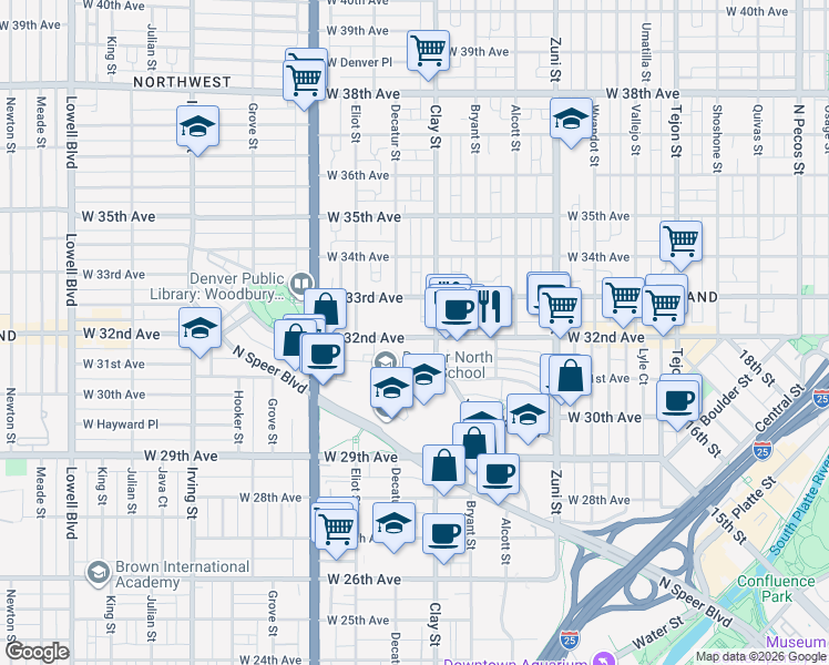 map of restaurants, bars, coffee shops, grocery stores, and more near in Denver